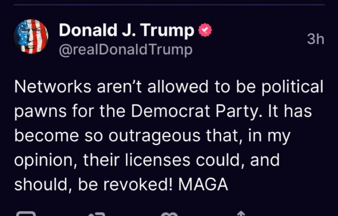 BrokenOptics's tweet image. Take it up with Ronald Reagan’s corpse you dumb bitch. 

The reason we have partisan media directly comes from the end of the fairness doctrine. That’s why we have Fox News and other right wing networks btw. 

Revoking licenses is direct opposition of the constitution