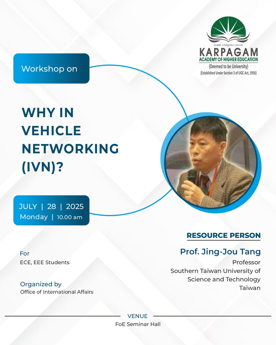 wekaheians's tweet image. Future of Automotive Tech! KAHE's Office of International Affairs is hosting a Workshop for ECE & EEE students on "Why In-Vehicle Networking (IVN)?" TODAY, July 28th, 10 AM. Learn from Prof. Jing-Jou Tang (Southern Taiwan Uni.) with global insights! #KAHE