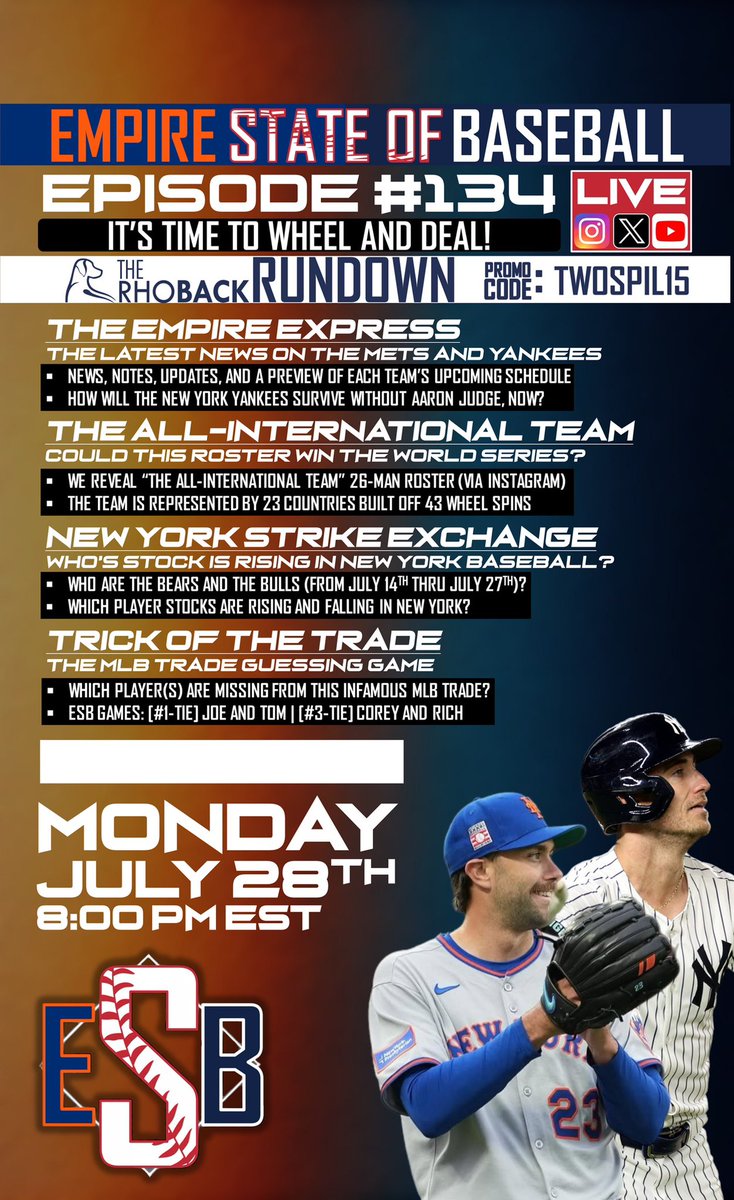 ESBPodcast's tweet image. 🚨⚾️🚨 EPISODE #134 🚨⚾️🚨

THE @RHOBACK RUNDOWN
🚇 The Empire Express
🌎 The All-International Team
📈 New York Strike Exchange
🧩 Trick of the Trade

youtube.com/live/yJT5PodDd…

LIVE at 8:00 PM EST on @X and @YouTube!
ESB: XTRA INNINGS will follow LIVE on @X!

#LGM  #RepBX