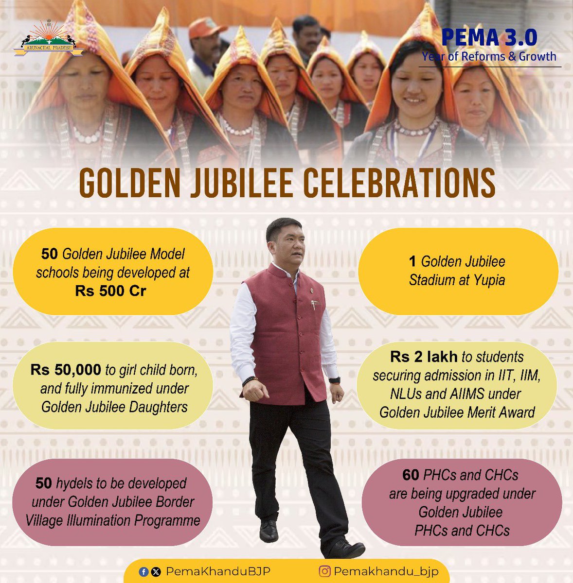 As we mark 50 years since NEFA became Arunachal Pradesh (1972–2022), we’re celebrating not with words, but with action:

✅ 50 Golden Jubilee Model Schools
Rs 500 Cr investment to transform education at the grassroots.

✅ Golden Jubilee Stadium at Yupia
A new arena for our youth