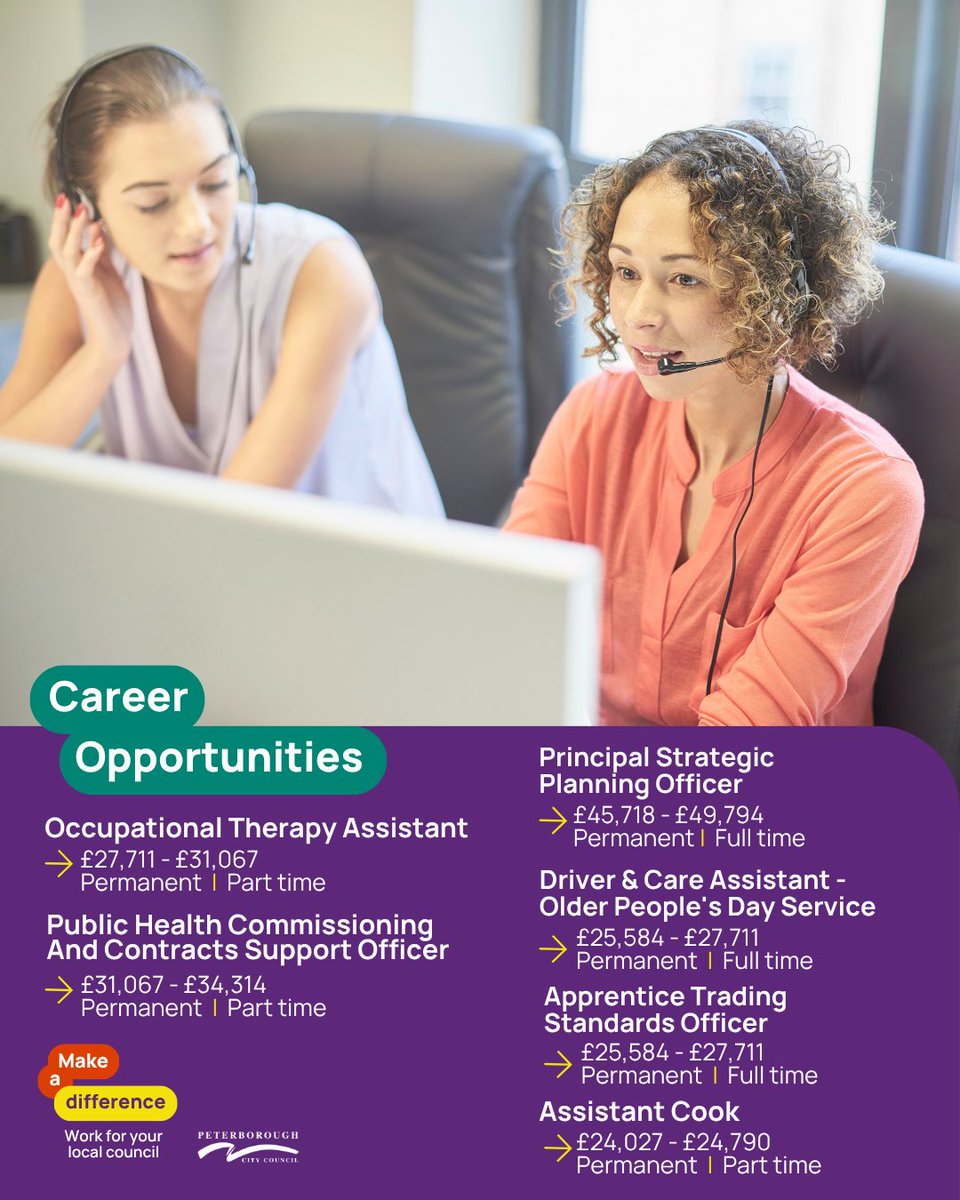 PeterboroughCC's tweet image. Do you want to help make a difference and work for us?
Here are just some of our latest roles we have available, visit our website for more: pulse.ly/smfzeuw2on
You can expect generous annual leave, flexible/hybrid working, enhanced pay, personal development and an…