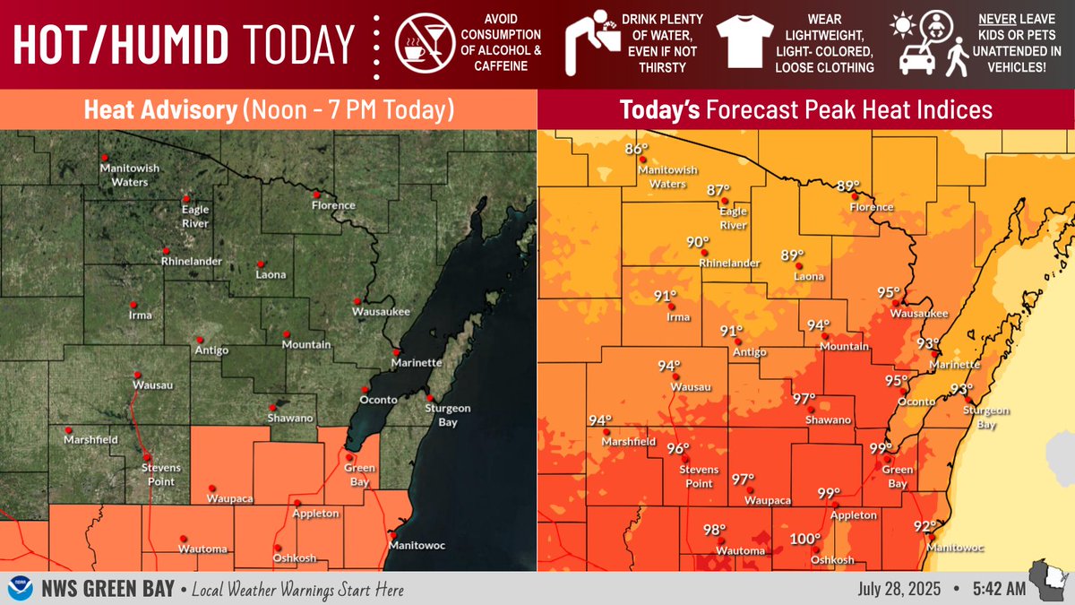NWSGreenBay's tweet image. 🥵 Another hot &amp;amp; humid day is expected. Heat Advisories are in effect for east-central WI.
⛈️ Overnight, a storm complex will track E/SE from MN into central WI. If the storms maintain their intensity as they enter the area, damaging winds are possible. Stay weather aware!
#wiwx