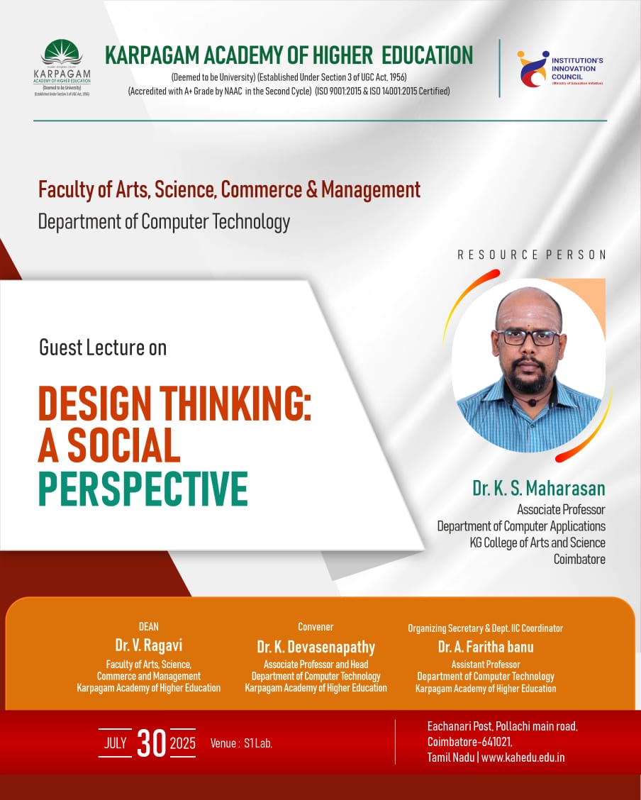 wekaheians's tweet image. Unlock social innovation! The Dept. of Computer Technology is hosting a GuestLecture on "Design Thinking: A Social Perspective" on July 30th. Dr. K. S. Maharasan (KG College) will share insights on problem-solving. Join us!
#KAHE