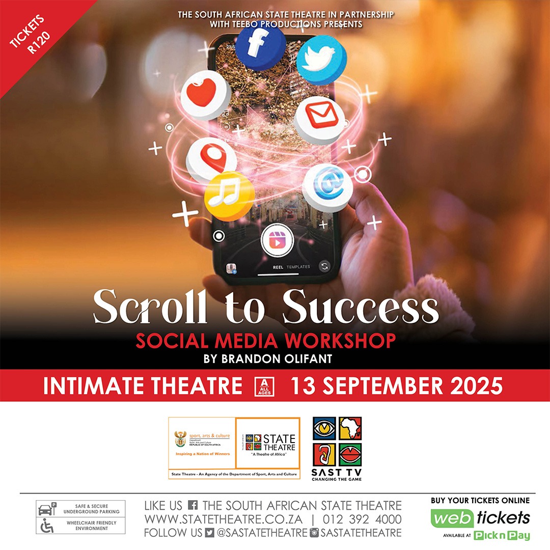 📲 Want to boost your social media game?
Scroll to Success – a workshop by Brandon Olifant at SAST!
📅 13 Sept 2025 | 🎟️ R120
📍 Intimate Theatre
🎫 via Webtickets

#ScrollToSuccess #SAST #SASTTV #ContentCreators
