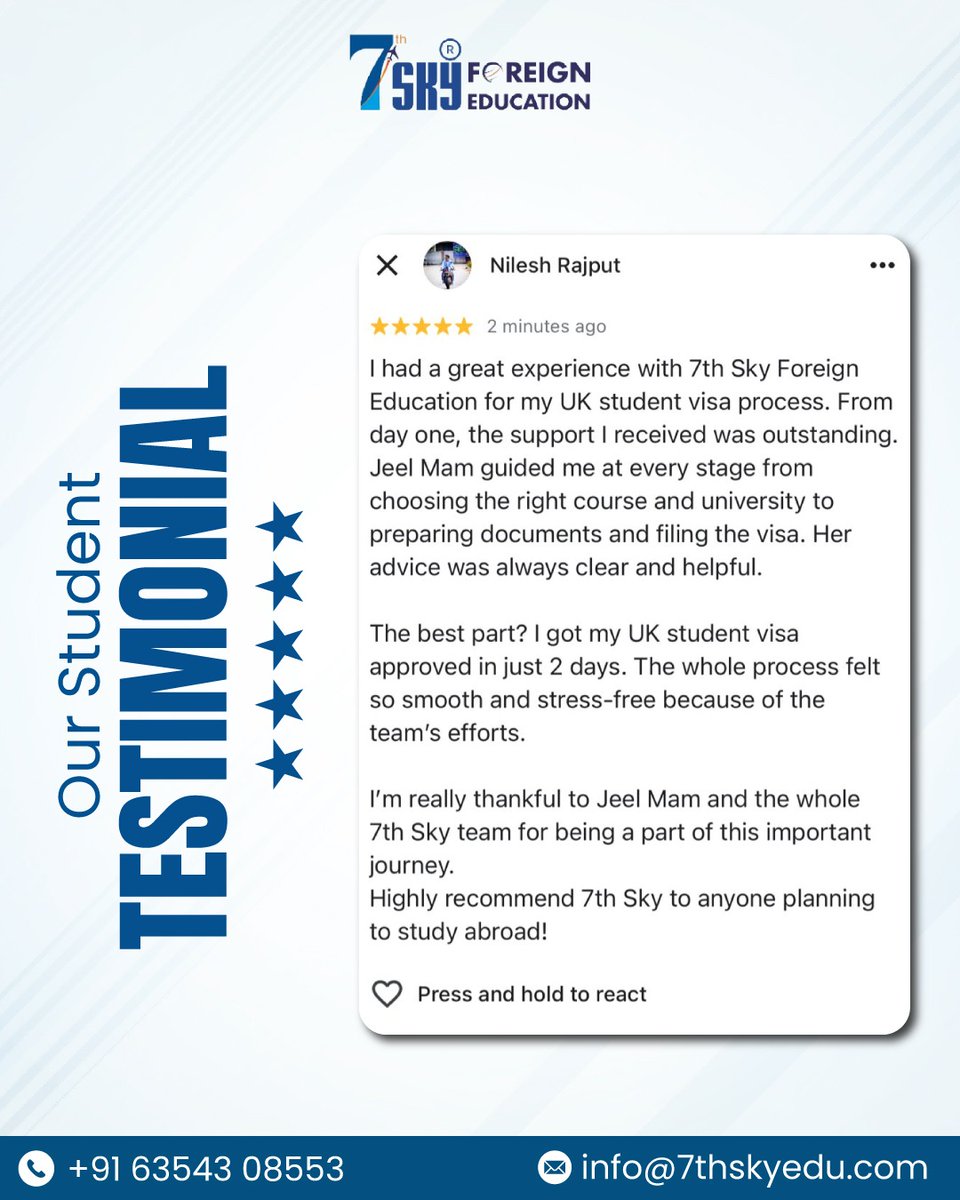 7thskyedu's tweet photo. Another success story from 7th Sky Foreign Education!
Nilesh got his UK student visa approved in just 2 days ๐
๐ง info@7thskyedu.com | ๐ฑ +91 63543 08553
#StudentVisaSuccess #StudyInUK #7thSkyEducation #VisaApproved #AbroadDreams #StudentTestimonial #StudyAbroadJourney https://t.co/mGh4acV5j1