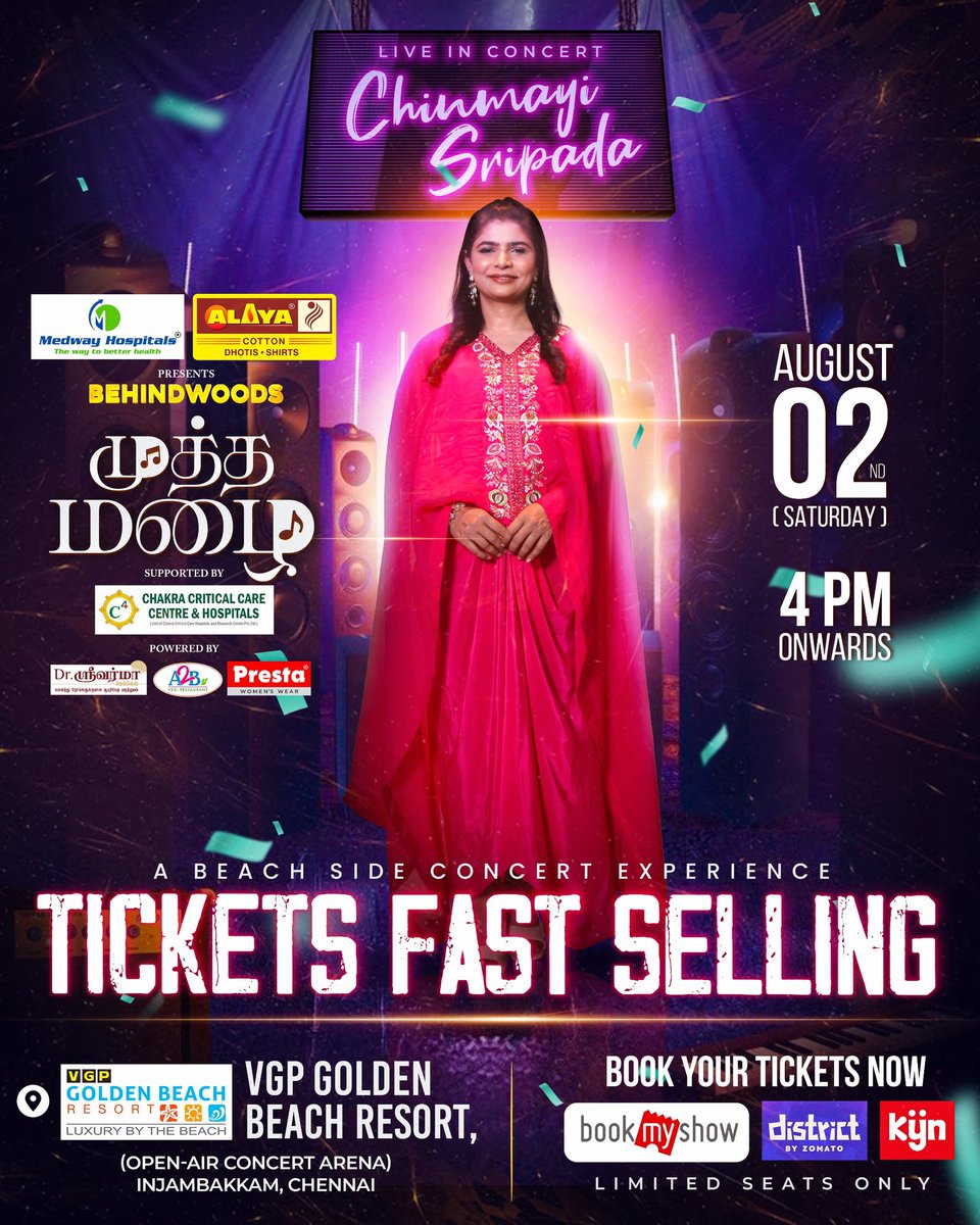 behindwoods's tweet image. 🎟️ TICKETS SELLING OUT FAST!
🎤✨ Behindwoods Muththa Mazhai – Live in Concert
Featuring the soulful Chinmayi Sripada
📅 Date: August 2nd, 2025
🕓 Time: 4 PM onwards
📍 Venue: VGP Golden Beach Resort – Open Air Concert Arena, Injambakkam, Chennai
🎶 Let the music speak – an…