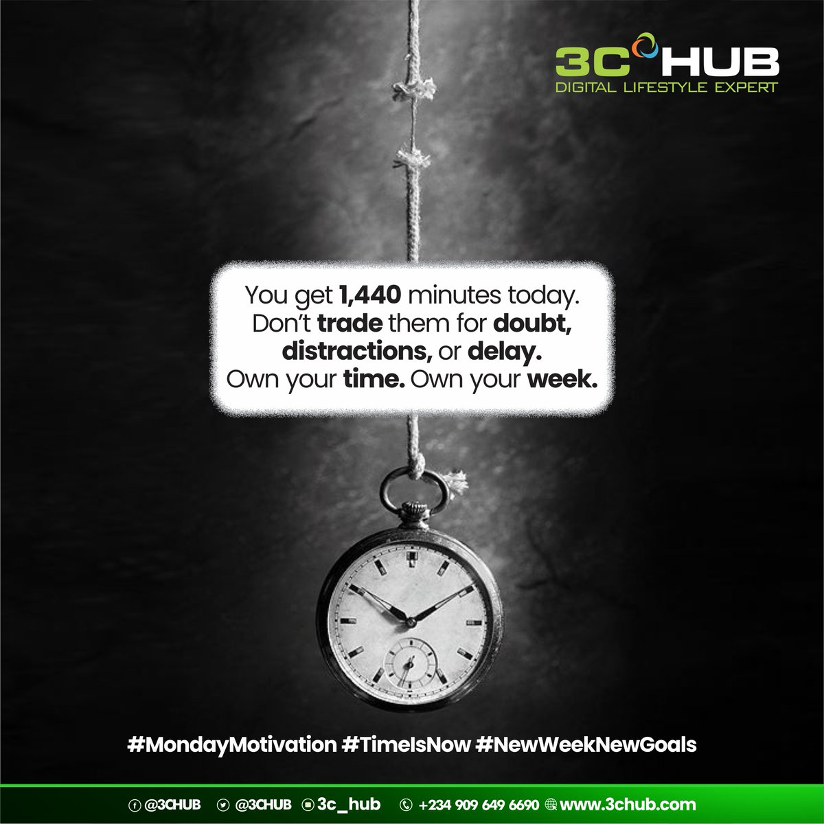 Today = 1,440 minutes.

Use them with INTENTION.

No distractions. No delay.

#MondayMotivation #TimeIsNow #3CHUB