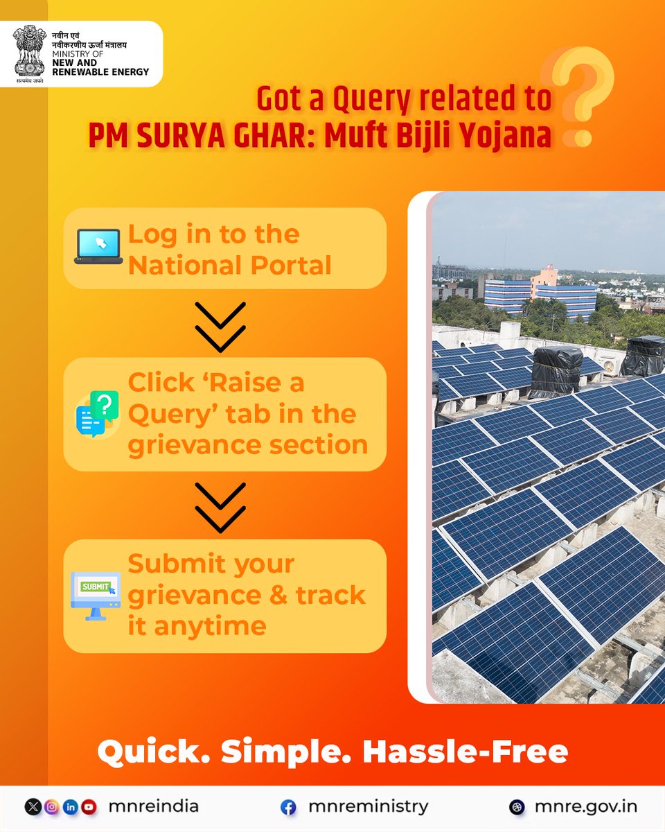 mnreindia's tweet photo. 🤔 Confused about PM Surya Ghar: Muft Bijli Yojana?
Skip the stress — just log in, click, and raise your query in a few taps.
📲 Track it anytime, anywhere. Simple & Hassle-free Process.
#PMSuryaGhar #SolarSeSamriddhi #EasyGrievance #MNREIndia #Renewable https://t.co/O4TpxJuW1n