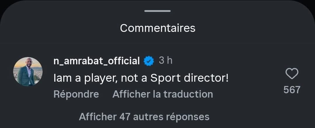 WydadTime's tweet image. 📱| Nordin Amrabat réponds à la publication instagram d'El Botola affirmant que le Wydad serait en négociations avec Boutaïb sous ses conseils.