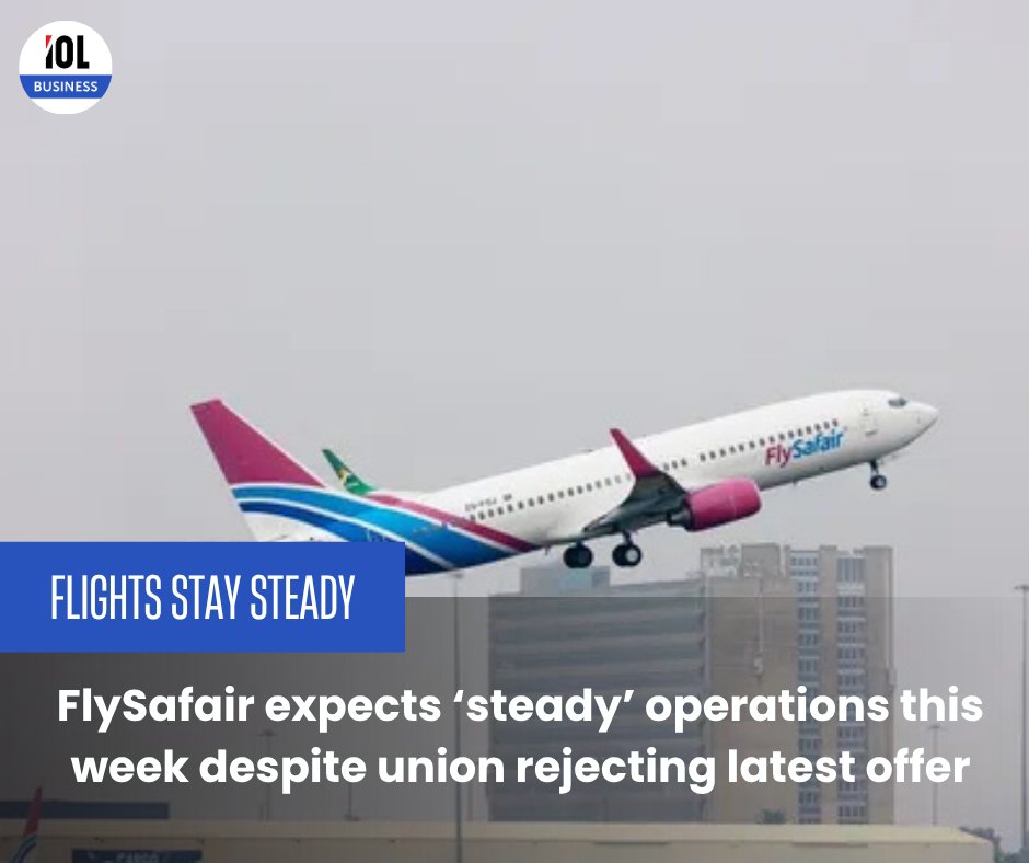IOL's tweet photo. FlySafair said it continues to operate a “stable but reduced” flight schedule as the new week begins, with more pilots returning to duty each day.
#FlySafairStrike #PilotProtest #FlightUpdate #AviationNews #TravelAlert #UnionNegotiations
Read on https://t.co/rPMvQTGnno https://t.co/m3CPXTy19w