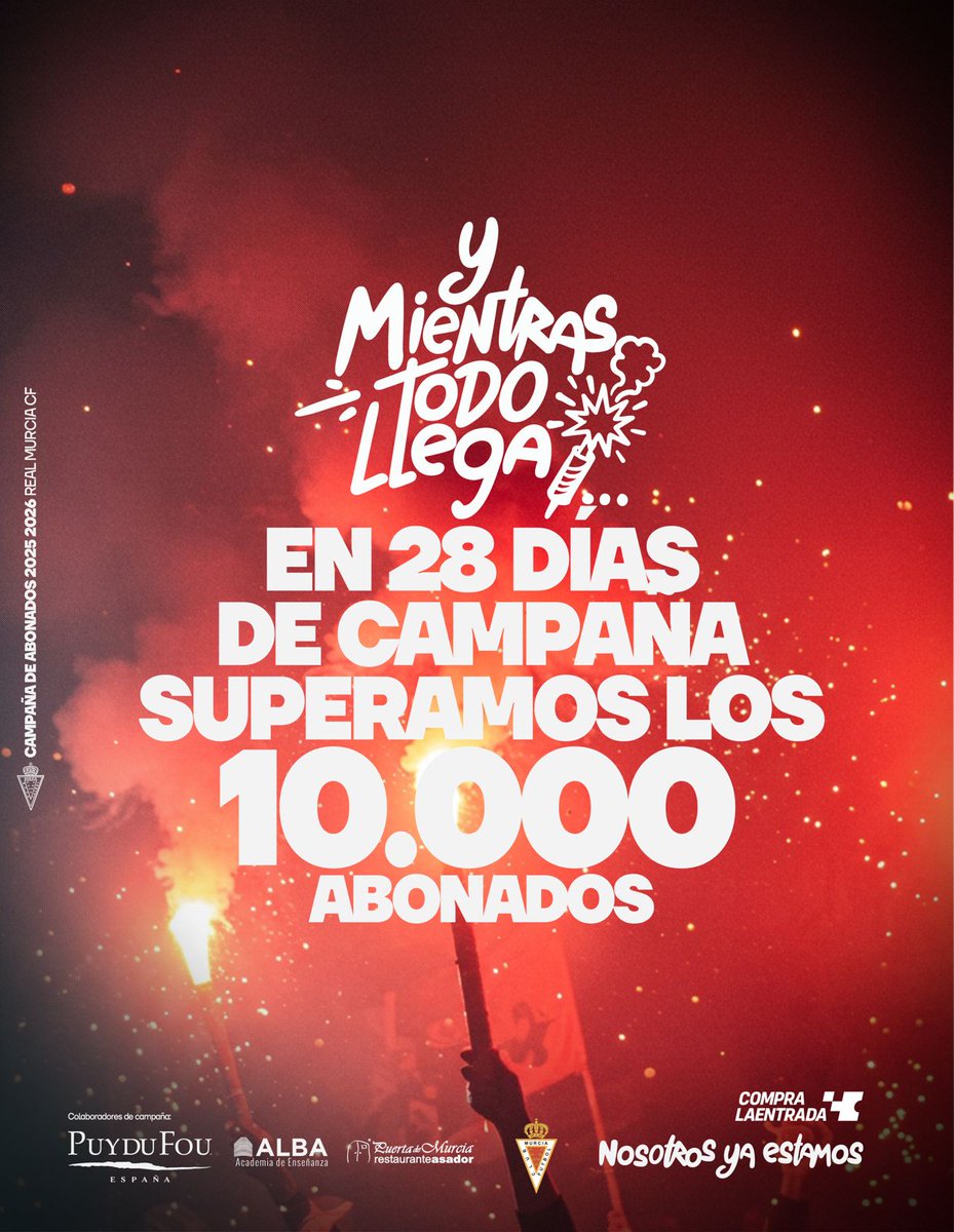 🧨 𝙔 𝙈𝙞𝙚𝙣𝙩𝙧𝙖𝙨 𝙏𝙤𝙙𝙤 𝙇𝙡𝙚𝙜𝙖...
💣 ¡Superamos las 5 cifras!

💥 ¡𝗠𝗔́𝗦 𝗗𝗘 1⃣0⃣.0⃣0⃣0⃣ 𝗔𝗕𝗢𝗡𝗔𝗗𝗢𝗦!

🔝 ¡EN SOLO 28 DÍAS DE CAMPAÑA! 🤩

❤️ ¡A por más, afición!
💻 Online : realmurcia.compralaentrada.com
📍 Taquillas Estadio
🕘 L-V: 10:00 a 14:00 h | 17:00 a 20:00h