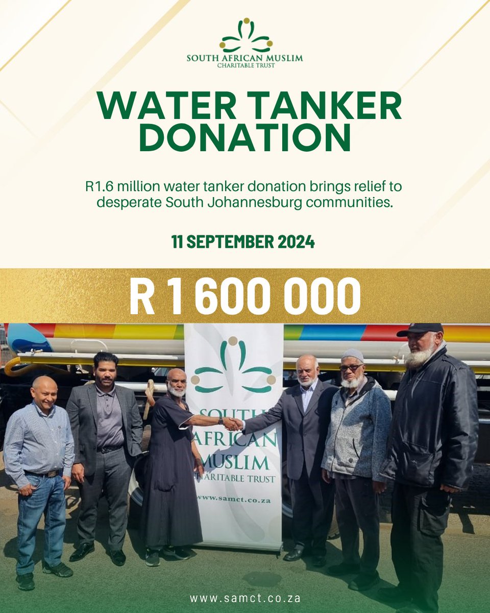 Relief on wheels. Dignity in every drop.

To help address ongoing water challenges, we’ve donated a R1.6 million water tanker to support Johannesburg South communities with dependable access to water.

samct.co.za