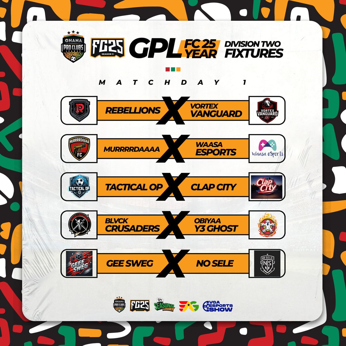 It all begins here! 🔥⚽️

Matchday 1 fixtures for Division Two of GPL FC 25 Season 3 are locked in! 💪
New rivalries, new storylines, and a shot at glory start NOW! Who’s making a statement on Day 1? 👀

📅 Check out the full lineup below 👇

#GPLFC25 #DivisionTwo #Matchday1