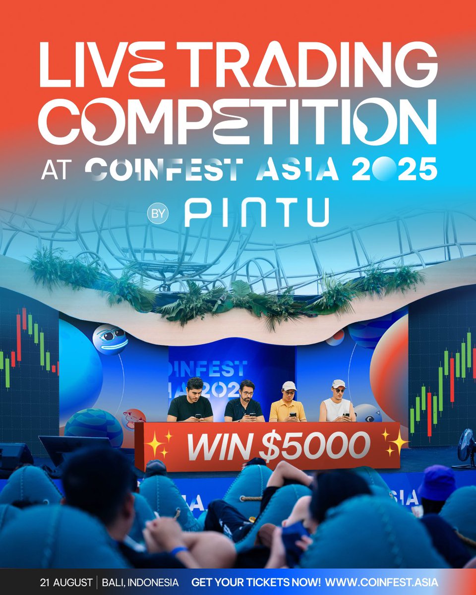 Pintu (@pintuid) on Twitter photo LIVE TRADING COMPETITION 📈
Participate in real-time crypto trading competition & win $5000 at <a href="/CoinfestAsia/">Coinfest Asia</a> by Pintu!
📍 Nuanu City, Bali
🗓️ 21 August 2025
Get your tickets NOW at coinfest.asia LIVE TRADING COMPETITION 📈
Participate in real-time crypto trading competition & win $5000 at <a href="/CoinfestAsia/">Coinfest Asia</a> by Pintu!
📍 Nuanu City, Bali
🗓️ 21 August 2025
Get your tickets NOW at coinfest.asia