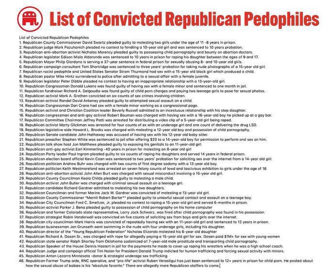 It’s time that Republicans acknowledged their child sex offender problem. From former GOP Speaker of the House Dennis Hastert to their current effort to cover up the #EpsteinTrumpFiles to all of these folks convicted of pedophilia it’s time for a reckoning. 

Good Monday cheating