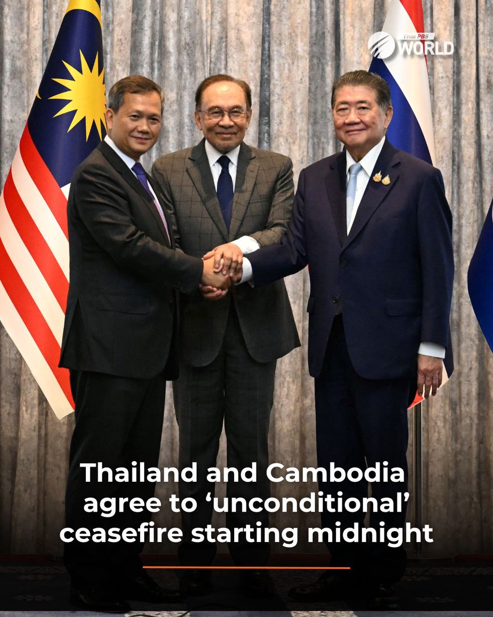 ThaiPBSWorld's tweet image. Thailand and Cambodia agreed to an unconditional ceasefire today, effective from midnight, and will hold bilateral talks at multiple levels to end the bloody border conflict and return to normality, said Malaysia’s prime minister, Anwar Ibrahim, who currently chairs ASEAN and was…