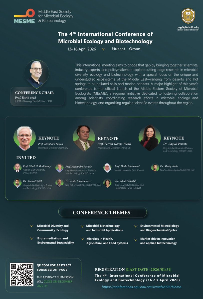 Amin Mohamed (@amohamed85) on Twitter photo Excited to announce the 4th International Conference on Microbial Ecology and Biotechnology to explore the Microbial Frontiers of the Middle East and launch the Middle-Eastern Society of Microbial Ecologists (MEsME) along with interesting science!! See u in Oman April 13-16, 2026 Excited to announce the 4th International Conference on Microbial Ecology and Biotechnology to explore the Microbial Frontiers of the Middle East and launch the Middle-Eastern Society of Microbial Ecologists (MEsME) along with interesting science!! See u in Oman April 13-16, 2026