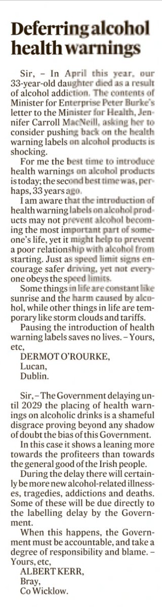 AlcoholIreland's tweet image. Powerful read in today's @ITletters: 'Some thing in life are constant like sunrise or the harm caused by alcohol, while other things are temporary like storm clouds and tariffs. Pausing the introduction of health warning labels saves no lives' @MichealMartinTD @CarrollJennifer