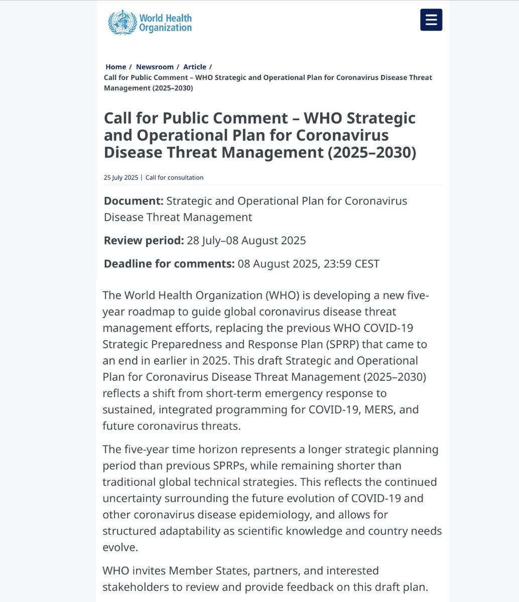 🚨The World Health Organisation (WHO) have invited interested parties to review and comment on their proposed 5 year Strategic &amp; Operational Plan for Coronavirus Disease Threat Management.

Deadline for feedback is 8 August.

who.int/news-room/arti…