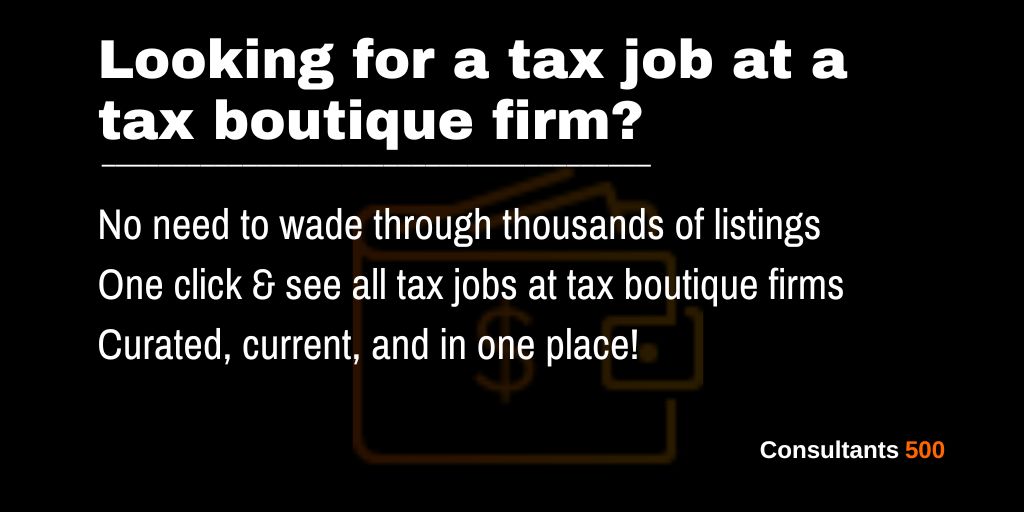 Consultants500's tweet photo. We have thousands of tax jobs.
Only want the ones at tax boutiques?
Boom - one click and you're there: https://t.co/HRM3QscMrT

Or fine tune by workplace at law firms/in-house/accounting firms/financial sector.

#TaxJobs #TaxBoutiqueJobs #CPAJobs #TaxCareers #JobBoard https://t.co/h7oxc9DzSY
