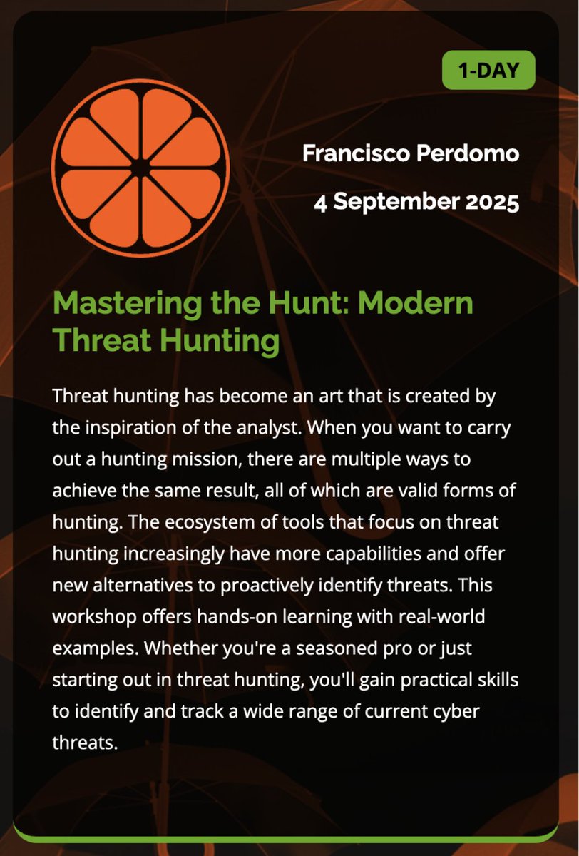 Thrilled to announce I'll be delivering a new training workshop at <a href="/OrangeCon_nl/">OrangeCon</a>  this September! Join me on Mastering the hunt: Modern Threat Hunting. Learn more and register: orangecon.nl/trainings/mode…

DM me for a €100 discount code!

#Training #Orangecon #Cyber #ThreatHunting