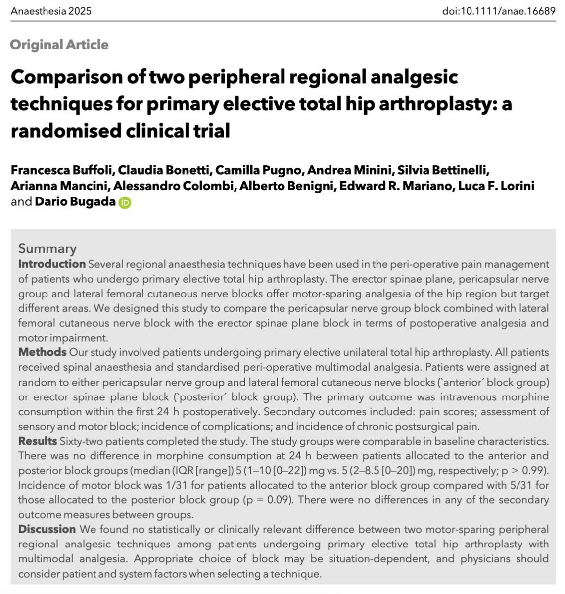 Total hip replacement analgesic options:

• Pericapsular nerve group block + lateral femoral cutaneous nerve block OR
• Erector spinae plane block

Does it matter?

<a href="/francibuffoli/">Buffoli Francesca</a> @Andreaminini @EMarianoMD <a href="/Bubu84csa/">Dario Bugada 🇮🇹 🇧🇪 🇺🇸 🇪🇺</a>

#anaesthesia #regionalanaesthesia #regionalanesthesia