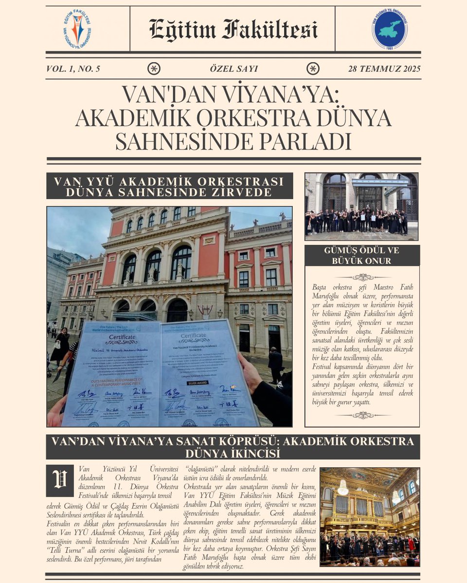 🎶 Van YYÜ Akademik Orkestrası, Viyana’da düzenlenen 11. Dünya Orkestra Festivali'nde ülkemizi başarıyla temsil etti…
 🥈 Gümüş Ödül 🎼 “Çağdaş Eserin Olağanüstü Seslendirilmesi” Sertifikası 🥳🥳🥳
 👏 Şef Fatih Marufoğlu ve emeği geçen herkesi kutluyoruz 🧡

<a href="/MuratKayri/">Prof.Dr. Murat Kayri</a>