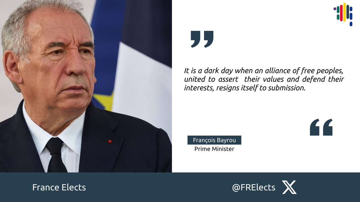 FRElects's tweet image. 🗞️Prime Minister Bayrou criticises the trade agreement between the EU and the United States, describing it as ‘submission’ to Trump.

For his part, the Minister for Europe, Benjamin Haddad, stated that ‘the current situation is unsatisfactory and cannot be sustained’.