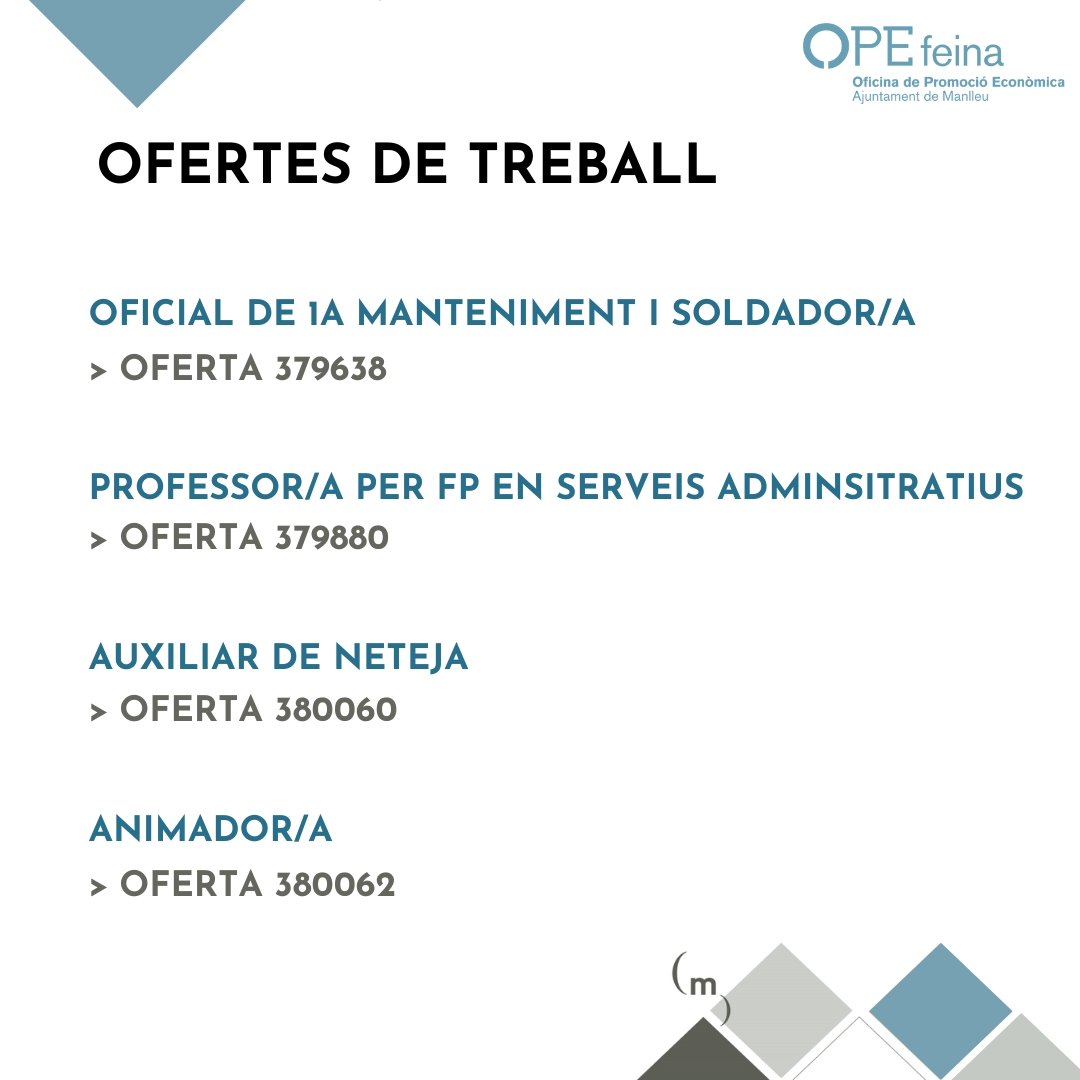 Coneixes les ofertes que actualment gestionem des de l'OPE Manlleu?

Tota la informació la podràs trobar a:
manlleu.cat/ope/ofertes i a la nostra bio ☝️