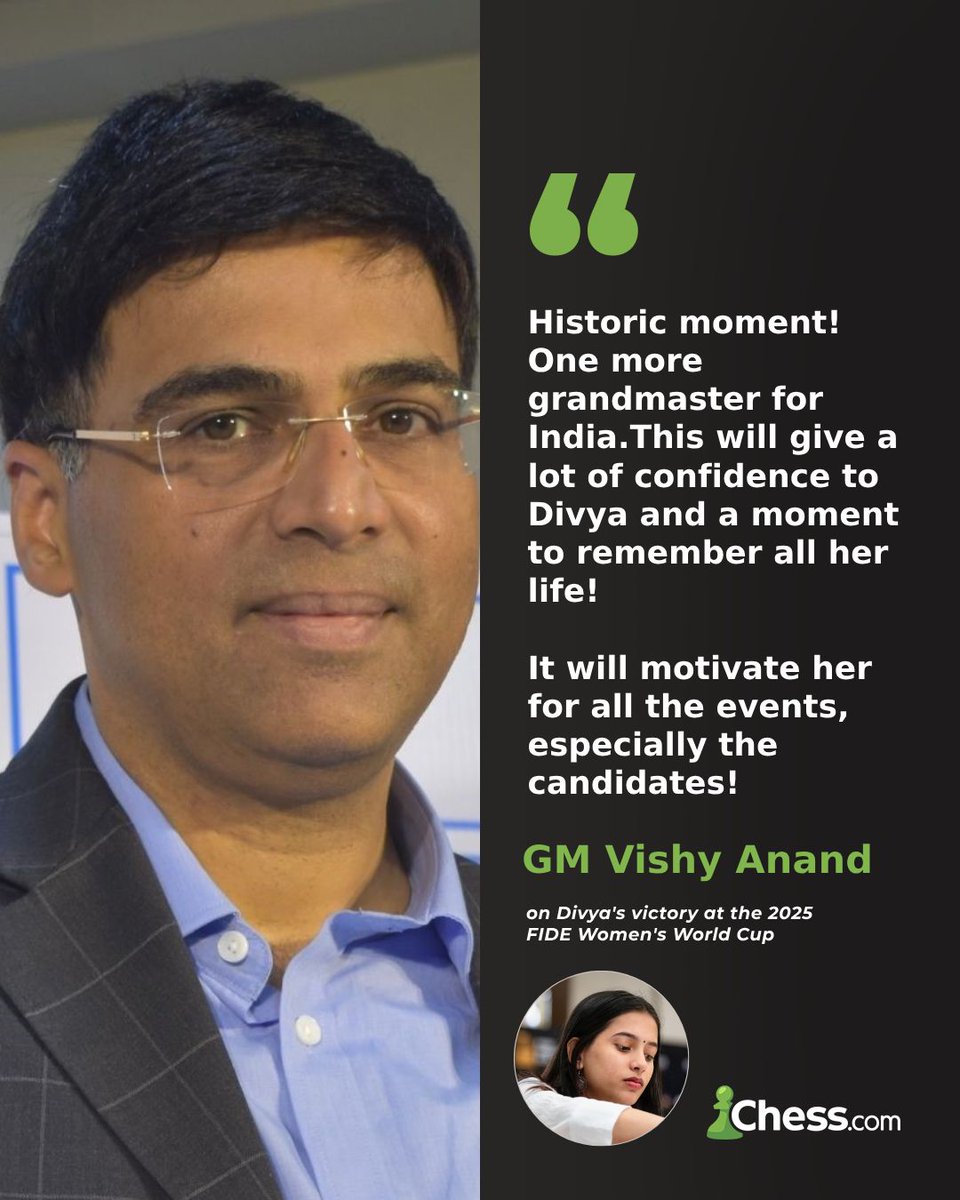 Chess.com - India (@chesscom_in) on Twitter photo 🤩 <a href="/vishy64theking/">Viswanathan Anand</a>'s thoughts on <a href="/DivyaDeshmukh05/">Divya Deshmukh</a>'s victory! <a href="/FIDE_chess/">International Chess Federation</a> 🤩 <a href="/vishy64theking/">Viswanathan Anand</a>'s thoughts on <a href="/DivyaDeshmukh05/">Divya Deshmukh</a>'s victory! <a href="/FIDE_chess/">International Chess Federation</a>