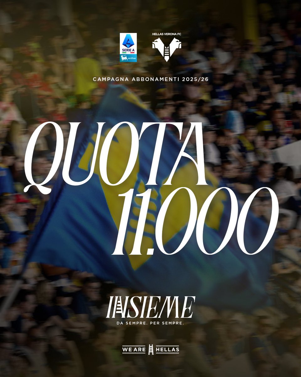 QUOTA 11.000 💛💙

Inizia oggi la TERZA FASE dedicata ai sottoscrittori della membership #WeAreHellas, che possono acquistare il proprio tagliando da nuovi abbonati online su hellasverona.it 🎟️

#HVFC #SerieAEnilive #DaiVerona