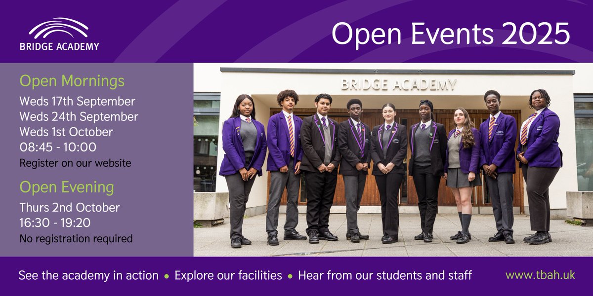 BridgeAcademyE2's tweet image. Come along to one of our Open Events to find out more about life at Bridge! Registration is essential for our Open Mornings; further details can be found on our website.
We can't wait to meet you!
#bridgeacademy #hackney #openmorning #openevening