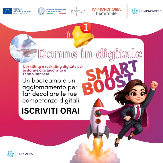 #SmartBoost: da settembre tre nuovi appuntamenti formativi progettati ed erogati da #SiCamera nell'ambito del progetto #DonneinDigitale, parte del Piano per l’#imprenditoriafemminile promosso dal <a href="/mimit_gov/">MIMIT</a> e realizzato da <a href="/Invitalia/">Invitalia</a> e <a href="/unioncamere/">Unioncamere</a>. sicamera.camcom.it/notizie/smart-…
