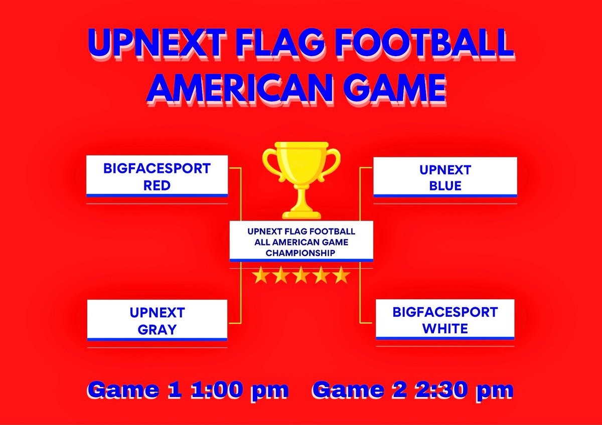 UPNEXT FLAG FOOTBALL ALL AMERICAN GAME BRACKET
Let’s go August 2, 2025 ODIS SPENCER STADIUM 1:00 pm