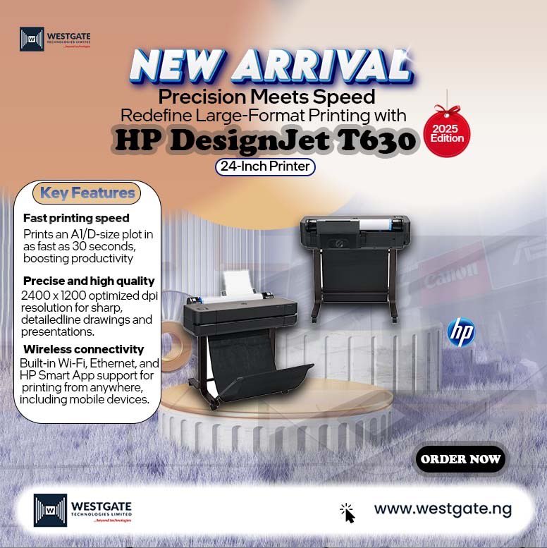 westgateng_'s tweet image. 🚨 New Arrival!
 The HP DesignJet T630 (24&quot; &amp;amp; 36&quot;) 2025 Edition is here!
 ✅ Fast &amp;amp; precise large-format prints
 ✅ Ideal for architects &amp;amp; engineers
 ✅ Wireless printing
 Now at Westgate Technologies
 📞 DM to order!
 #HPDesignJet #PrintSmart #WestgateNG