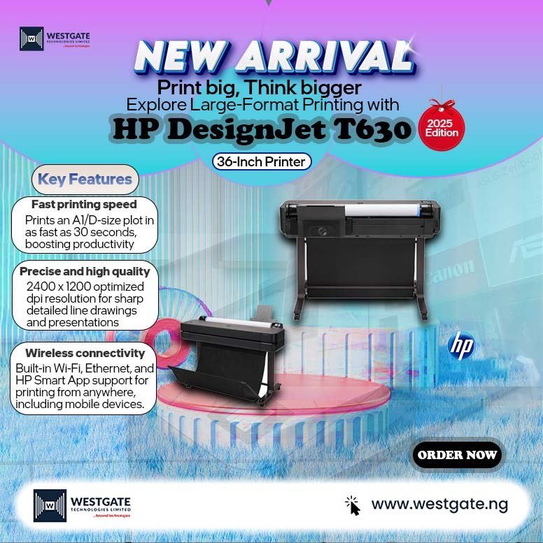 westgateng_'s tweet image. 🚨 New Arrival!
 The HP DesignJet T630 (24&quot; &amp;amp; 36&quot;) 2025 Edition is here!
 ✅ Fast &amp;amp; precise large-format prints
 ✅ Ideal for architects &amp;amp; engineers
 ✅ Wireless printing
 Now at Westgate Technologies
 📞 DM to order!
 #HPDesignJet #PrintSmart #WestgateNG