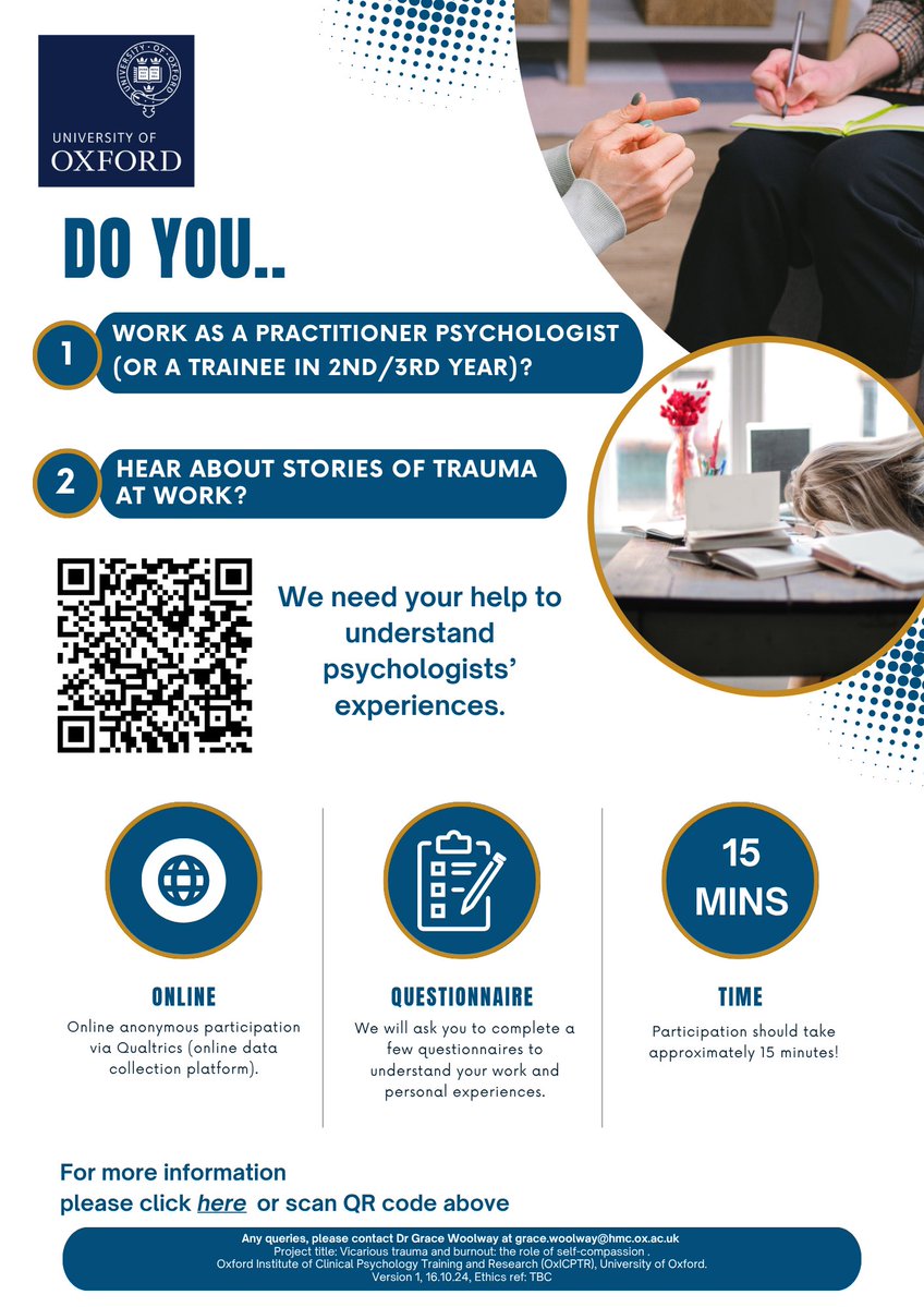 HjordisLorenz's tweet image. 🔍 Practitioner Psychologists (incl. 2nd/3rd yr Trainees): Have you experienced indirect trauma exposure through work?
We're running a short survey @UniofOxford @oxicpt to understand its impact.
📝 psychiatryoxford.qualtrics.com/jfe/form/SV_eE…