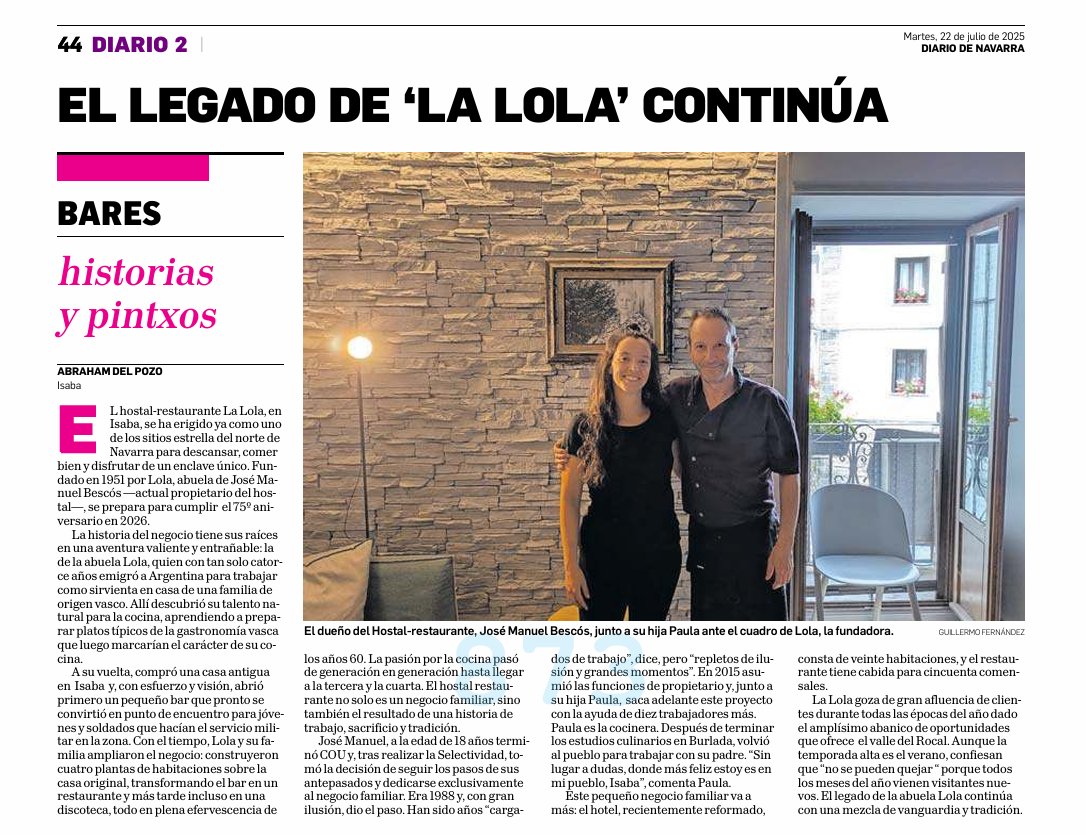 El legado del Hostal Lola de #Isaba continúa con José Manual y su hija Paula. Preparados para cumplir, nada más y nada menos que  el 75º ani versario en 2026.