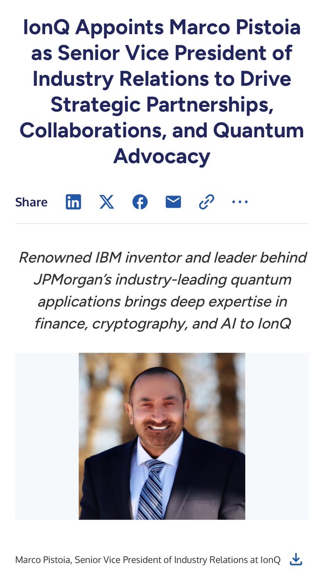 The_SPACTATOR's tweet image. $IONQ: IonQ Appoints Marco Pistoia as Senior Vice President of Industry Relations to Drive Strategic Partnerships, Collaborations, and Quantum Advocacy
businesswire.com/news/home/2025…