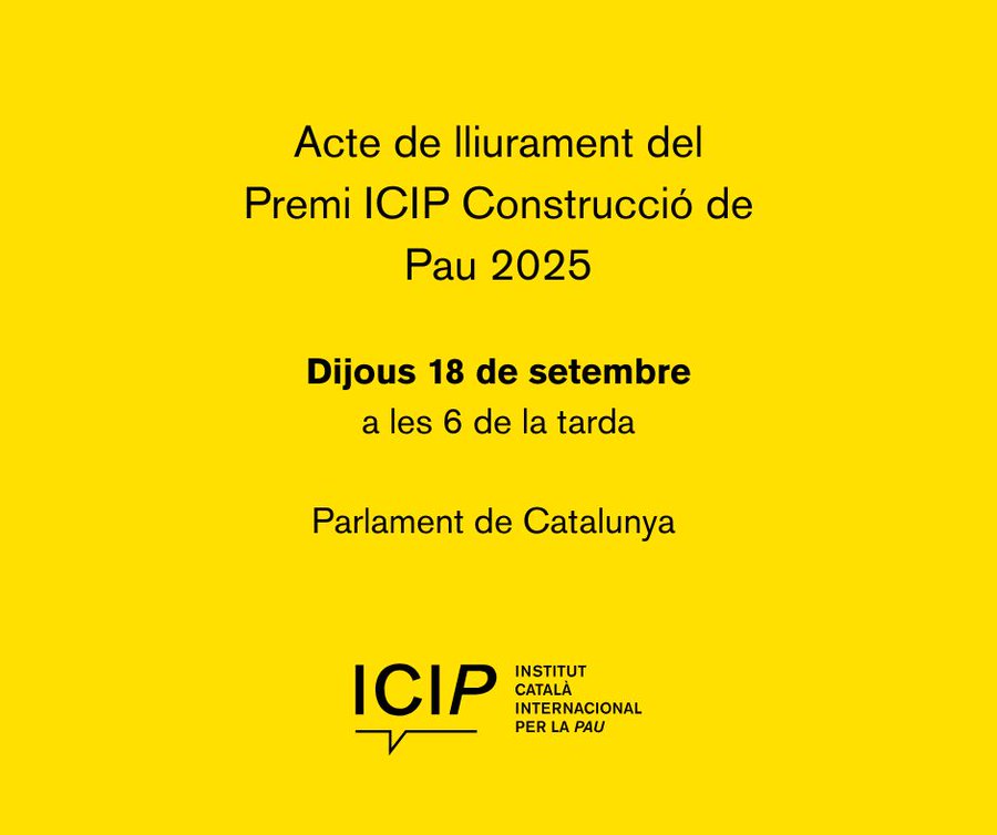 Ens vols acompanyar a l'acte de lliurament del #PremiICIP Construcció de Pau 2025? 

Enguany rebrà el guardó l'organització de dones siriana <a href="/WomenNowForDev/">Women Now النساء الآن</a> 

📆Serà el 18 de setembre al <a href="/parlamentcat/">Parlament de Catalunya</a> 

✍️Inscripcions obertes! icip.cat/ca/event/lliur…