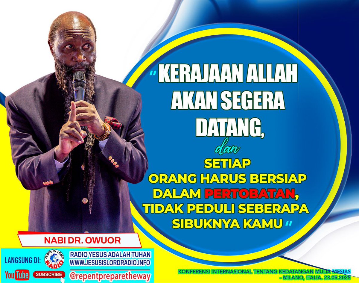 Kolose 3 : 5
Karena itu, matikanlah dalam dirimu segala sesuatu yang duniawi, yaitu: percabulan, kenajisan, hawa nafsu, nafsu jahat dan juga keserakahan, yang sama dengan penyembahan berhala.
Persiapkan jalan.
Takutlah akan Allah.
Jadilah kudus 
Mesias akan datang.