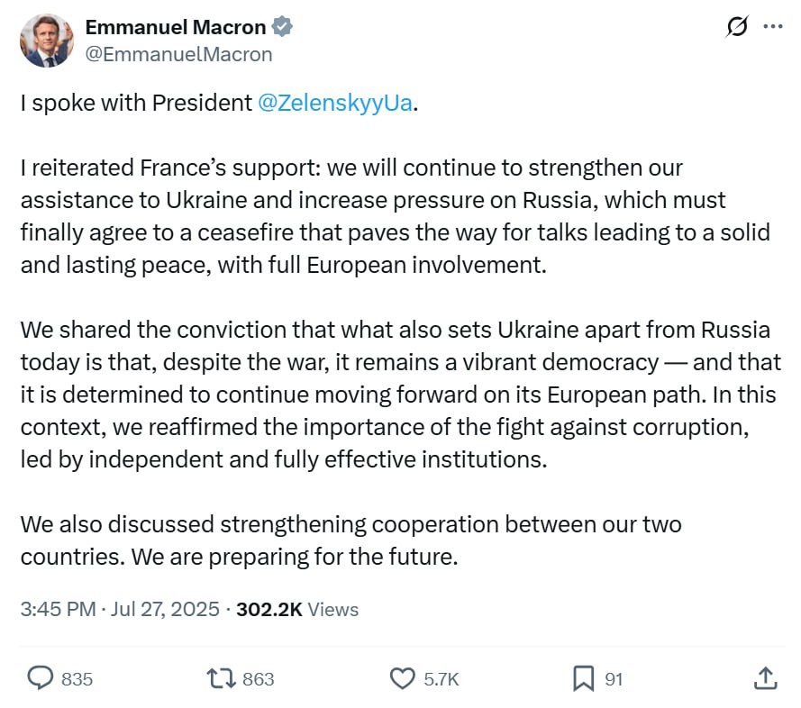 RTVIUS's tweet image. Макрон заявил о готовности усилить давление на Россию

По словам французского президента, российская сторона должна согласиться на прекращение огня, которое откроет путь к переговорам, «ведущим к прочному и долгосрочному миру при участии Европы».

«Поговорил с президентом…