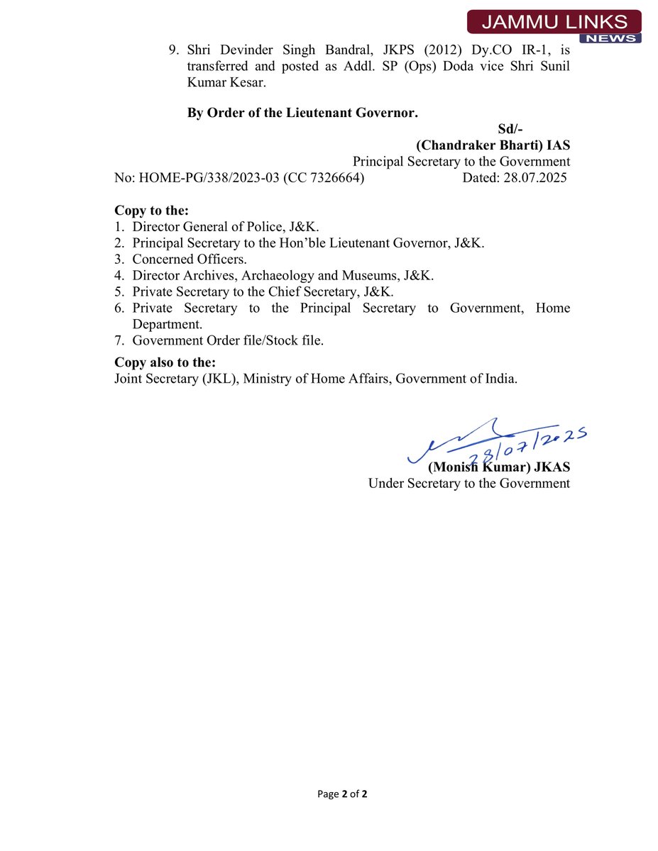 JAMMULINKS's tweet image. Jammu and Kashmir Government has ordered the transfers and postings of 2 IPS and 9 JKPS officers