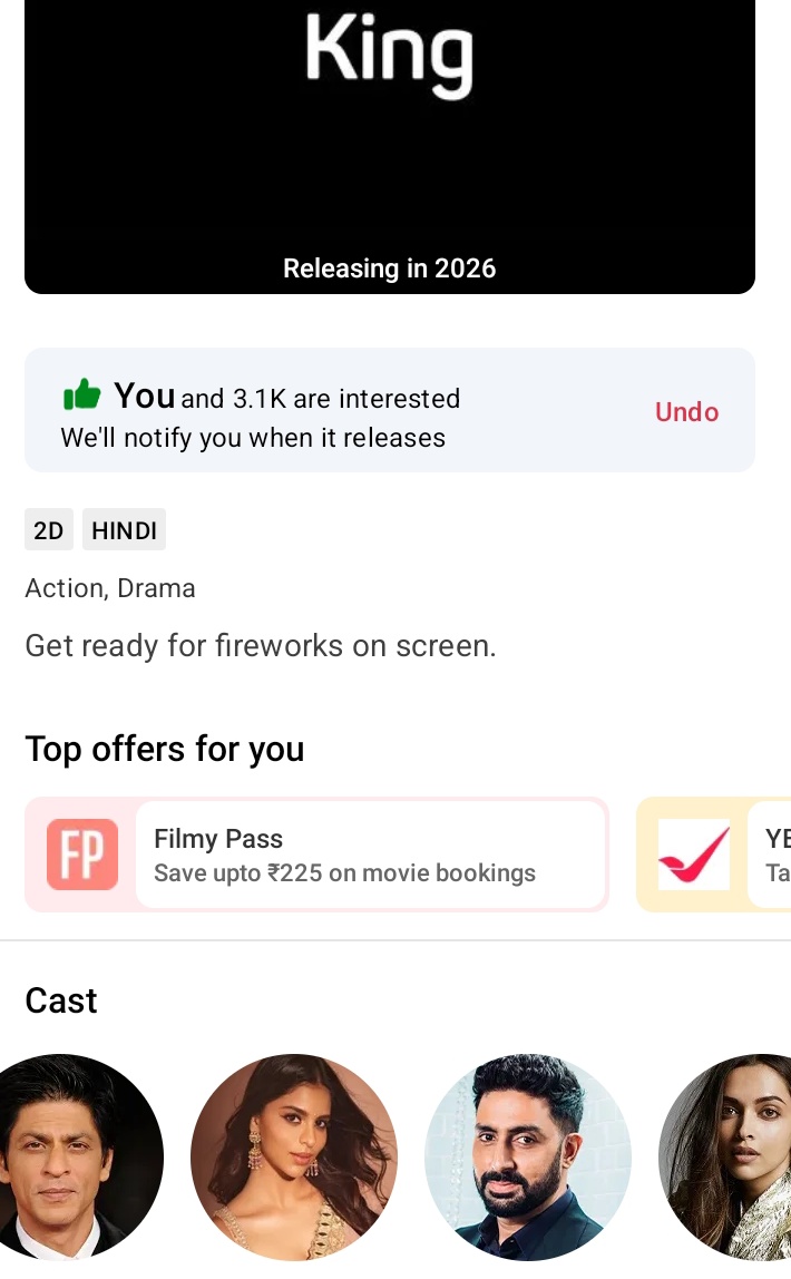 👑 KING — No poster. No promo.
Just pure hype. 🔥

🎟️ 3.1K+ fans already clicked “Interested” on BookMyShow!

And the cast? Straight fire:
SRK x Suhana x Abhishek x Deepika 💥

2026 might just belong to the King...
#ShahRukhKhan𓀠 #King #SRK #BollywoodBuzz #KingMovie