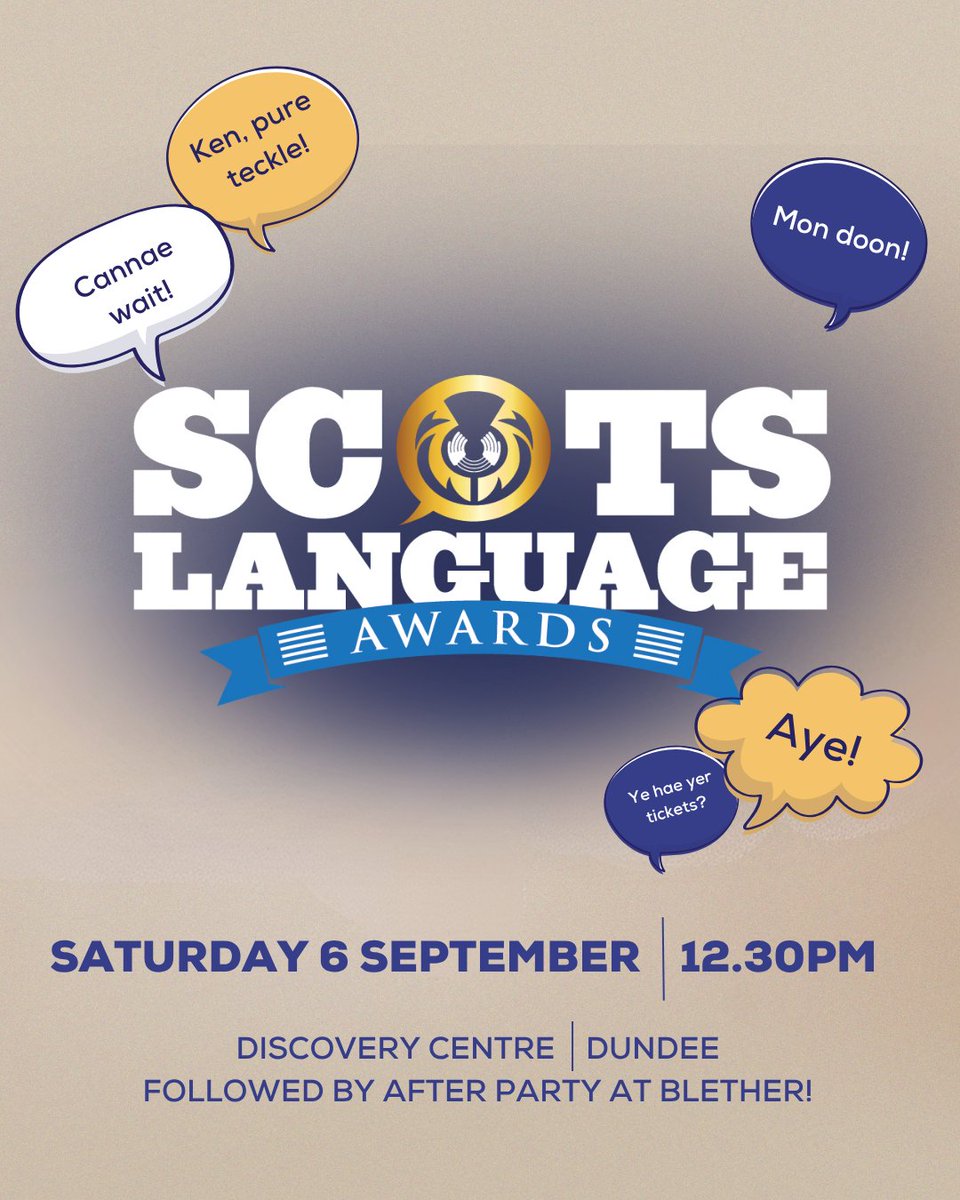 Hands Up For Trad (@handsupfortrad) on Twitter photo That’s the nominations for the Scots Language Awards 2025 open fae the day!
📍We’re haein the awards in Dundee - 12.30pm, Saturday 6th September at <a href="/DiscoveryDundee/">Discovery Point</a>.
Dae ye ken a body wha’s daein great stuff in or for Scots? 🗳️ Get them a nominatit - scotslanguageawards.com That’s the nominations for the Scots Language Awards 2025 open fae the day!
📍We’re haein the awards in Dundee - 12.30pm, Saturday 6th September at <a href="/DiscoveryDundee/">Discovery Point</a>.
Dae ye ken a body wha’s daein great stuff in or for Scots? 🗳️ Get them a nominatit - scotslanguageawards.com