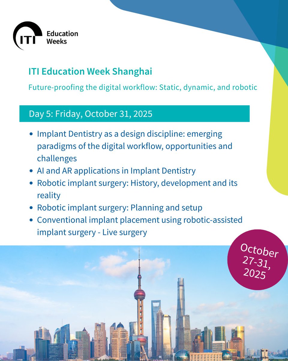 ITI Education Week Shanghai | October 31, 2025
🤖 DAY 5: AI, AR &amp; Robotic Surgery 🤖
The future of implant dentistry is HERE! 🚀
LIVE robotic-assisted implant surgery 🤖

🚀 Be part of the revolution: bit.ly/4jZNcFM
