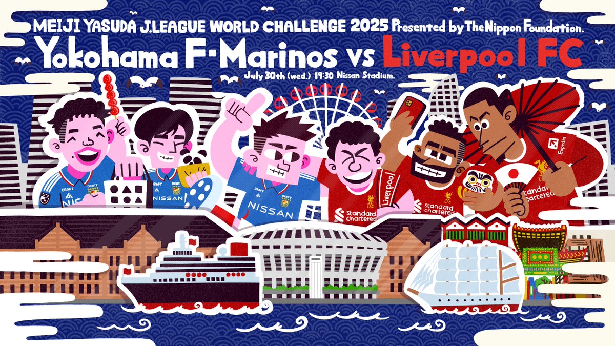 riota2gaoe's tweet photo. 明治安田Jリーグワールドチャレンジ2025
「横浜F・マリノス vs リヴァプールFC」
イラスト広告を制作しました！

両チームの選手達が開催地
横浜を楽しむ姿を描かせていただきました。

紙の絵を重ねた
飛び出す絵本のような見せ方や
和を意識した波柄や紺色にご注目下さい。

#JWC2025 #fmarinos #LFC https://t.co/fofjOkbSHO