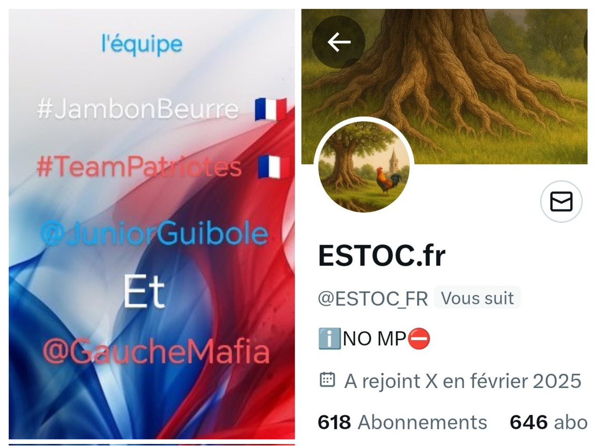 INFO🚨 Merci de partager !🚨
Mes amis abonnés😉
Ainsi que l'équipe #JambonBeurre #TeamPatriotes  🇨🇵 
Notre ami <a href="/ESTOC_FR/">ESTOC.fr</a>     👍
Aurait besoin d'un petit coup de pouce pour grossir sa TL!🥳
Et ainsi lui donner plus de visibilité ! Merci de vous abonner à lui !🙏
Et n'oubliez