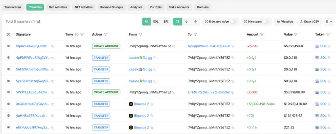 Solana wallet showing CREATE ACCOUNT and TRANSFER actions