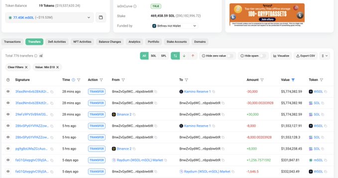 Detailed Solana transaction history showing multiple transfers